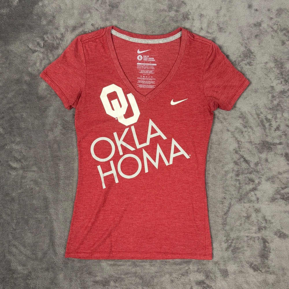 Nike T-Shirt Women S Red Oklahoma Sooners V-Neck Slim Fit Short Sleeve Graphic